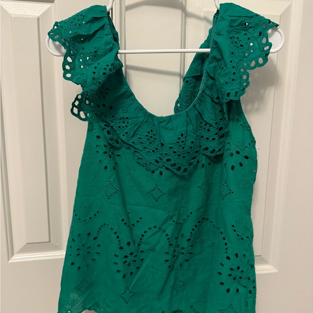 Green Eyelet Ruffle Top
